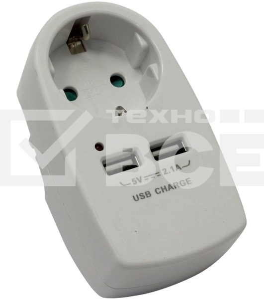 Сетевой адаптер СТАРТ SA1-ZD-2USB, 1 розетка, до 16А, 2 USB порта 2,5А, заземление, защитные шторки от детей, IP20, белый