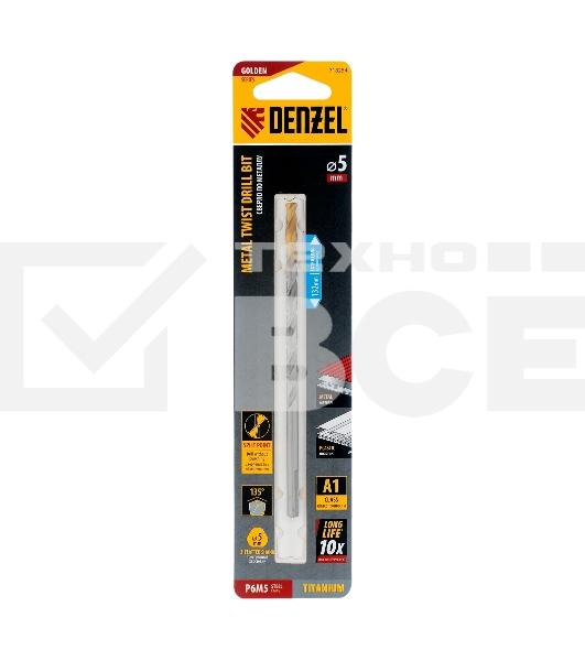 Сверло спиральное по металлу Denzel 5 х 132 мм, Р6М5, Golden Tip, удлиненное