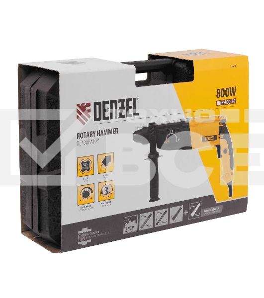 Перфоратор электрический Denzel RHH-800-26, SDS-plus, 800 Вт, 3 Дж, 3 плюс 1 реж.