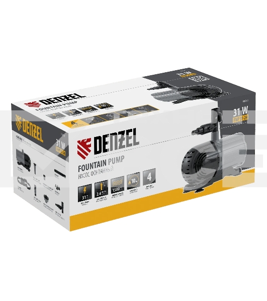 Насос фонтанный Denzel FNP31-24 31 Вт, подъем 2,4 м, 1500 л/ч, колокольчик/2 каскада/гейзер