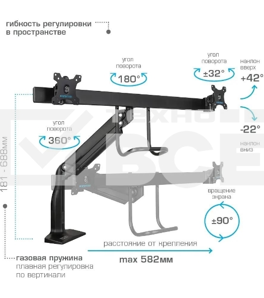 Кронштейн Kromax OFFICE-20 черный, 1 шт/уп. Кр. алюм. настол. для мон. 17'-35', max 2x10 кг, 6 ст св., нак. +45°-22°, пов. ±32°, max VESA 100x100 мм.
