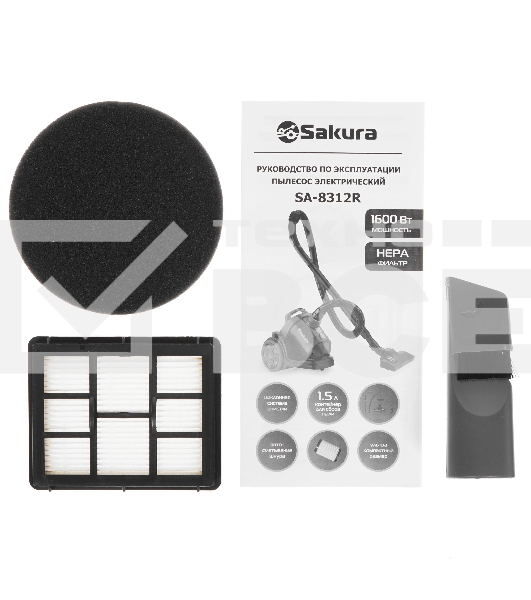 Пылесос Sakura SA-8312R красный/серый, 300/1600 Вт, уборка сухая, пылесборник контейнер 1.5 л