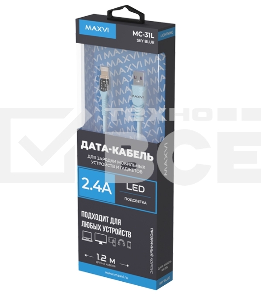 Дата-кабель Maxvi MC-31L USB-Lightning 2.4А, прозрачный корпус, LED подсветка, 1.2м, sky blue