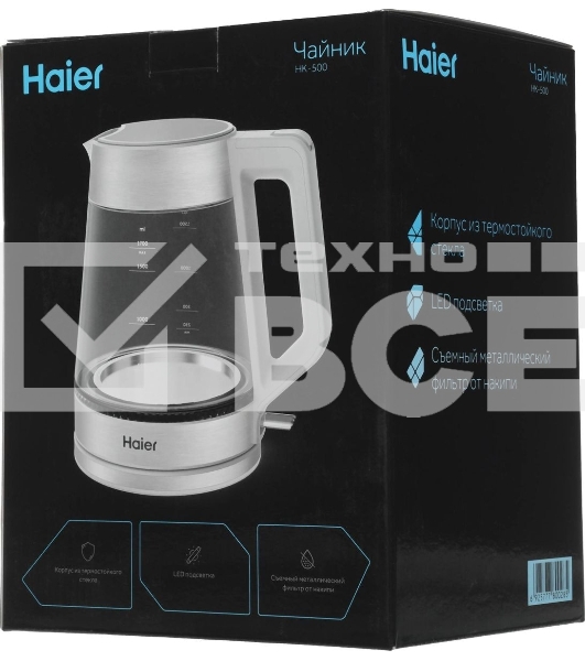 Чайник электрический Haier HK-500 1.7л. 2200Вт серый/белый корпус: стекло/пластик (TD0029955RU)