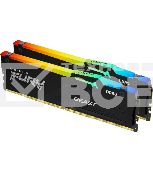 Оперативная память Kingston Fury Beast Black RGB, DDR5, 64Gb (2x32 Gb), 5200 MHz, CL40, радиатор, RGB, черный