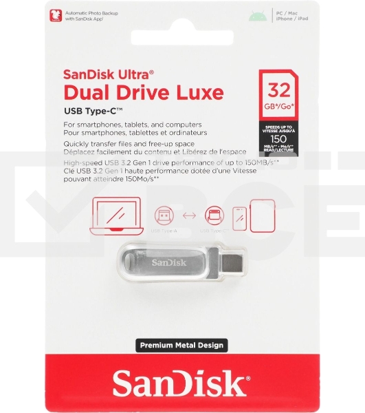 Флешка USB Sandisk Ultra Dual Drive Luxe 32ГБ, USB3.0, серебристый