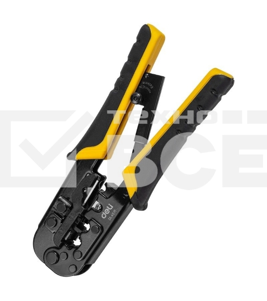 Обжимные клещи Deli DL4971 4P,6P,8P Размер: 200 мм. Спецификация обжима: 4P, 6P, 8P. Сталь A3 с черным покрытием. Ручка из ПВХ и ТПР. Храповой механизм. Подходит для витой пары UTP/STP и телефонных кабелей.