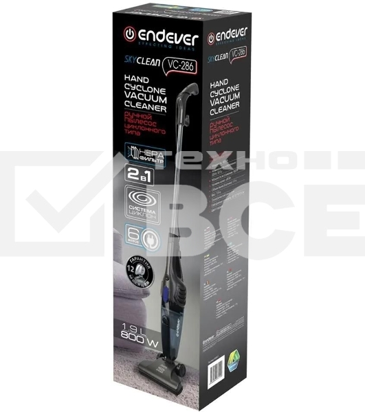 Пылесос вертикальный Endever VC-286 серый, питание от сети, 100 Вт, уборка сухая, пылесборник 1.5 л