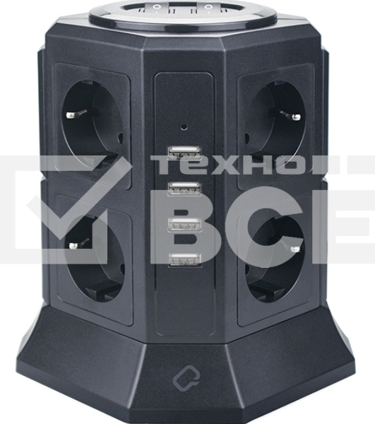 Сетевой фильтр Qumo Power Tower Pro 8SP4U (P-0002), 8 розеток, 2200 Вт, 10A, кабель 2м 3*1 мм чистая медь, пожаробезопасный пластик, евровилка, 4 USB порта 4.5A суммарно
