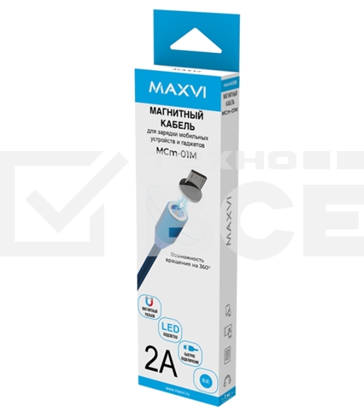 Кабель Maxvi MCm-01M blue, USB-A - microUSB, 2A, магнитный разъем, LED Описание: ток макс. нагрузки 2А, макс. напряжение 5V; стандарт USB 2.0; длина 1м, нейлоновая оплетка, съемный магнитный коннектор, LED подсветка, синий с черными вставками