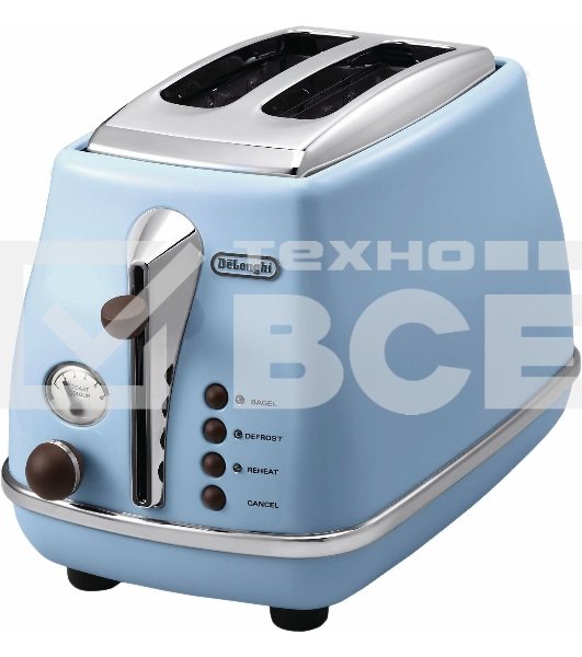 Тостер DeLonghi CTOV 2103.AZ, 900 Вт, на 2 тоста, разморозка, обжаривание, решетка для подогрева, поддон, голубой