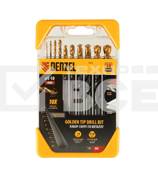 Набор сверл по металлу Denzel 1-10 мм, HSS-Tin, Golden Tip, 10 шт