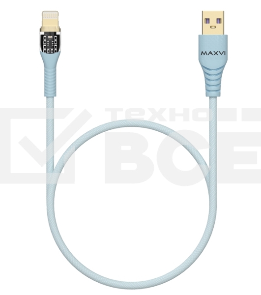 Дата-кабель Maxvi MC-31L USB-Lightning 2.4А, прозрачный корпус, LED подсветка, 1.2м, sky blue