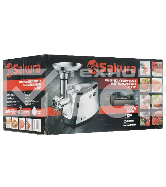 Мясорубка электрическая Sakura SA-6407, 1500 Вт, с функцией реверса, насадками кеббе, для приготовления сосисок и тремя дисками в комплекте. Материал корпуса: пластик. Материал лотка: металл.