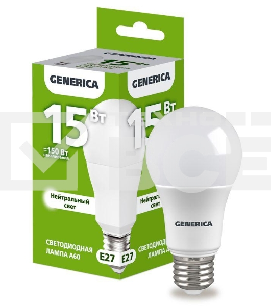 Лампа светодиодная GENERICA LL-A60-15-230-40-E27-G A60 15Вт грушевидная 4000К E27 230В