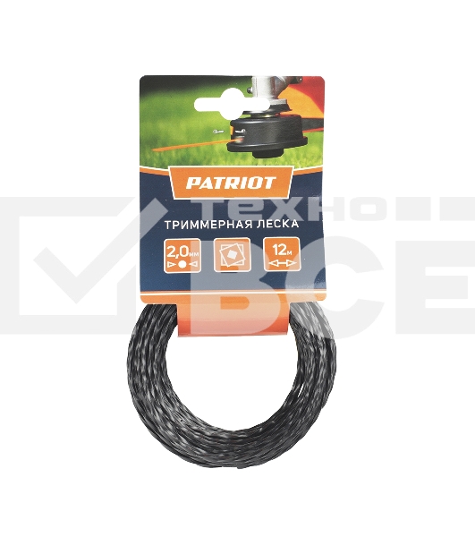 Леска PATRIOT D 2,0 мм L 12 м (скрученный квадрат, черный) 200-12-5, картонный подвес