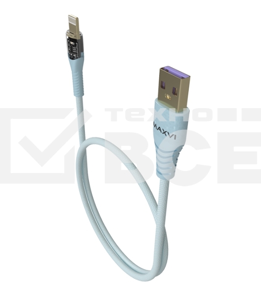 Дата-кабель Maxvi MC-31L USB-Lightning 2.4А, прозрачный корпус, LED подсветка, 1.2м, sky blue