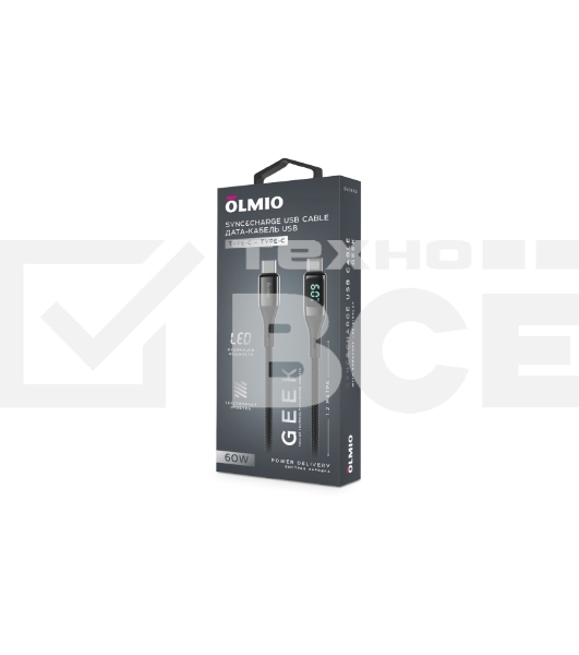 Кабель OLMIO GEEK, Type-C - Type-C, 60W, 1.2м, тканевая оплетка, LCD, черный