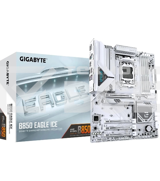 Материнская плата Gigabyte B850 EAGLE ICE, AM5, AMD B850, 4xDDR5, 4xSATA, 3xM.2, 1xPCIe 5.0 x16, 1xPCIe 4.0 x4, 2xPCIe 3.0 x1, 1xDP (v1.4), 1xHDMI (v2.1), 1x2.5Gb LAN, 2xUSB-A 10Gbps, 2xUSB-A 5Gbps, 6xUSB-A 2.0, 1xUSB-C 5Gbps, 3x3.5 мм, 7.1, ATX
