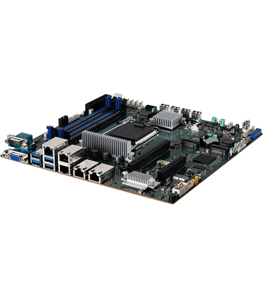 Серверная материнская плата MSI D1500-D1500GB4N-10G-HE, встроенный процессор Intel Xeon D-1500 (SoC), 4xDDR4 ECC RDIMM (до 128 ГБ), 4xSATA 6Gb/s, 4x1Gb LAN (Intel i350), 2x10Gb LAN (SFP+), 2xPCIe 3.0 x8, 1xM.2, 2xUSB-A 3.0, 2xUSB-A 2.0, 1xVGA, 1xCOM, IPMI 2.0, Mini-ITX