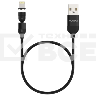Кабель Maxvi MCm-02L black, USB-A - Lightning, 2A, магнитный разъем, LED ток макс. нагрузки 2А, макс. напряжение 5V; стандарт USB 2.0; длина 1.5м, нейлоновая оплетка, съемный магнитный коннектор, LED подсветка, черный