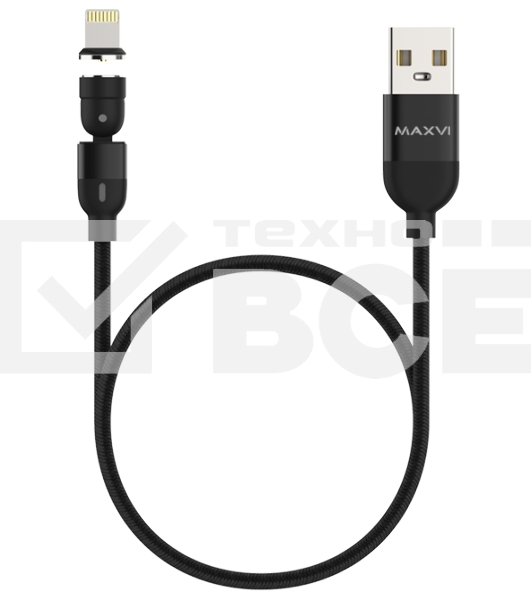 Кабель Maxvi MCm-02L black, USB-A - Lightning, 2A, магнитный разъем, LED ток макс. нагрузки 2А, макс. напряжение 5V; стандарт USB 2.0; длина 1.5м, нейлоновая оплетка, съемный магнитный коннектор, LED подсветка, черный