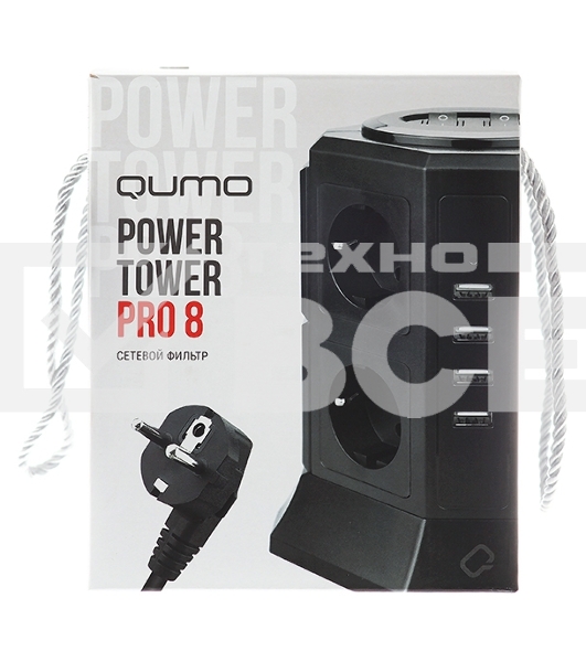 Сетевой фильтр Qumo Power Tower Pro 8SP4U (P-0002), 8 розеток, 2200 Вт, 10A, кабель 2м 3*1 мм чистая медь, пожаробезопасный пластик, евровилка, 4 USB порта 4.5A суммарно
