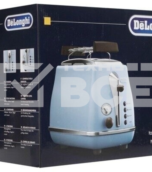 Тостер DeLonghi CTOV 2103.AZ, 900 Вт, на 2 тоста, разморозка, обжаривание, решетка для подогрева, поддон, голубой