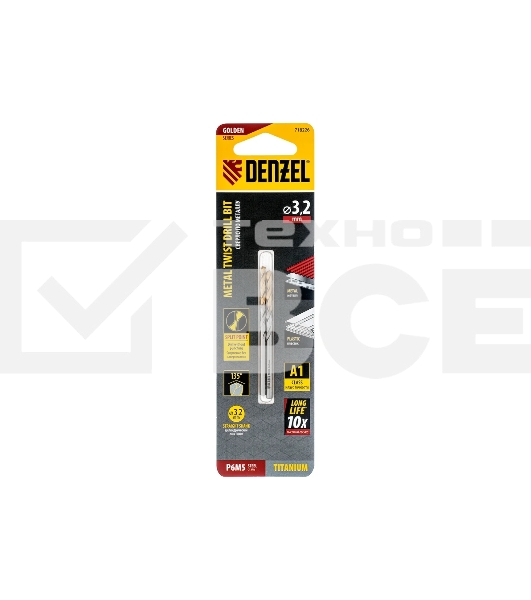 Сверло спиральное по металлу Denzel 3,2 x 65мм, Р6М5, Golden Tip, 2 шт.