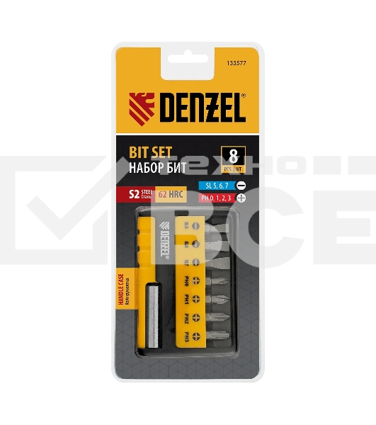 Набор бит с магнитным держателем Denzel S2, 8 шт.
