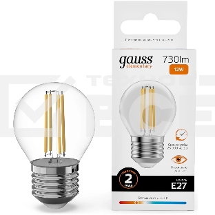 Лампа филам. Gauss Filament 12Вт цок.:E27 шар св.свеч.бел.теп. (упак.:10шт) (52212)