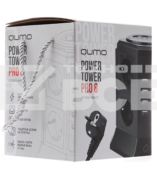 Сетевой фильтр Qumo Power Tower Pro 8SP4U (P-0002), 8 розеток, 2200 Вт, 10A, кабель 2м 3*1 мм чистая медь, пожаробезопасный пластик, евровилка, 4 USB порта 4.5A суммарно
