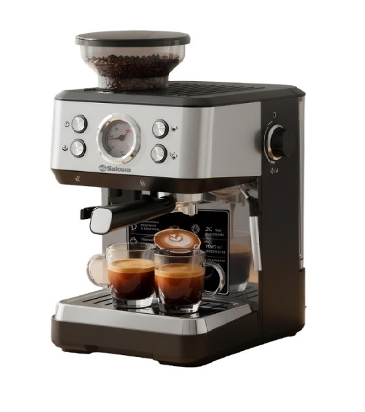 Кофемашина рожковая SA-6122 1050 Вт 1,6 л 20 бар, серебряный/черный, со встроенной кофемолкой