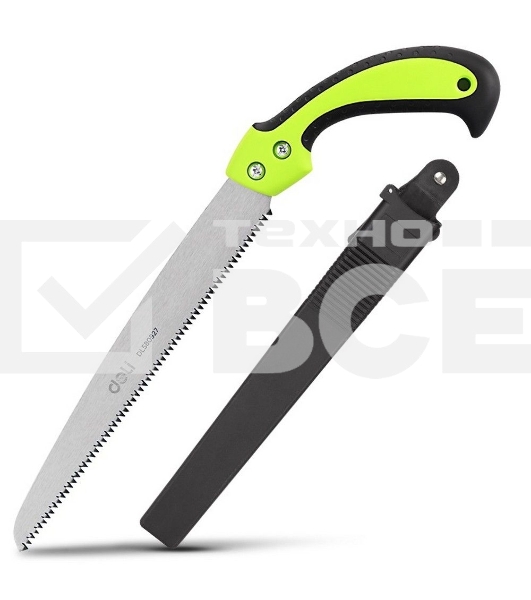 Садовая пила с ножнами Deli DL580927 270мм, сталь 65Mn, шаг зубьев 7TPI, обрезиненая ручка, шлифовка зубов с 3-х сторон, двухрядное распределение кромок