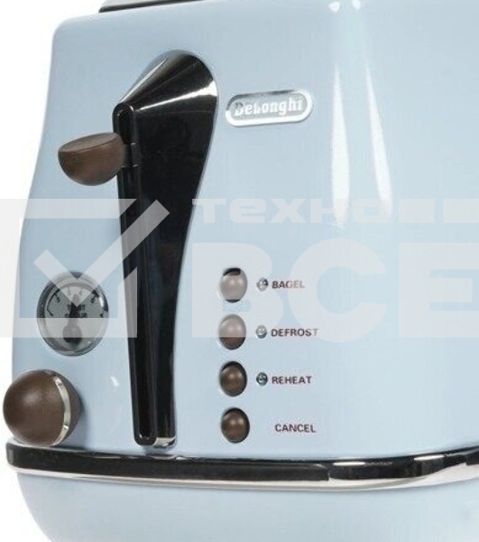 Тостер DeLonghi CTOV 2103.AZ, 900 Вт, на 2 тоста, разморозка, обжаривание, решетка для подогрева, поддон, голубой