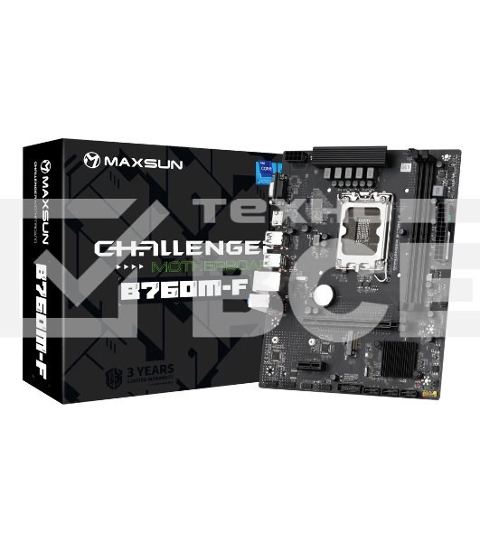 Материнская плата Maxsun Challenger B760M-F, LGA 1700, Intel B760, 2xDDR4, 3xSATA III, 2xM.2, 1xPCIe 4.0 x16, 1xHDMI, 1xVGA, 1xRJ-45 1Gb LAN, 2xUSB 3.2 Gen 1, 4xUSB 2.0, 3x3.5 мм, 5.1, mATX