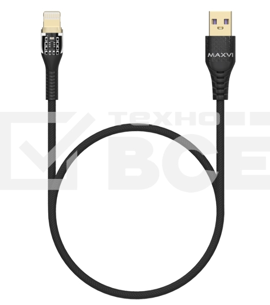 Дата-кабель Maxvi MC-31L USB-Lightning 2.4А, прозрачный корпус, LED подсветка, 1.2м, черный