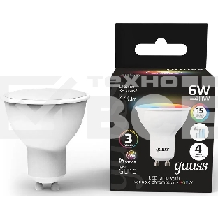 Лампа cветодиодная Gauss 101106406 MR16 6W GU10 RGBW+димирование