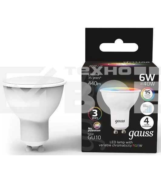 Лампа cветодиодная Gauss 101106406 MR16 6W GU10 RGBW+димирование