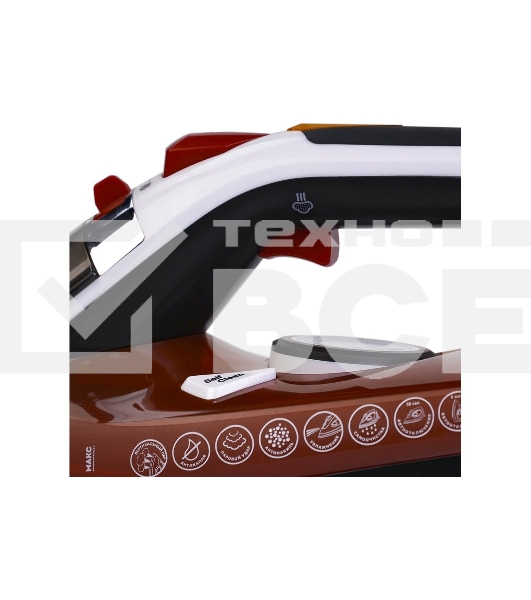 Утюг Galaxy GL 6131, оранжевый, паровой, 2500 Вт, подача пара до 50 г/мин, паровой удар до 230 г/мин, функции: автоотключение, самоочистка, антикапля, антинакипь, функция увлажнения, вертикальное отпаривание, керамическое покрытие подошвы, защита от перегрева, индикатор нагрева, резервуар для воды 370 мл