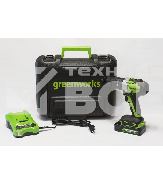 Дрель-шуруповерт аккумуляторная GREENWORKS GD24DD60K2, Аккумуляторная, 18В, Ударная, Кейс