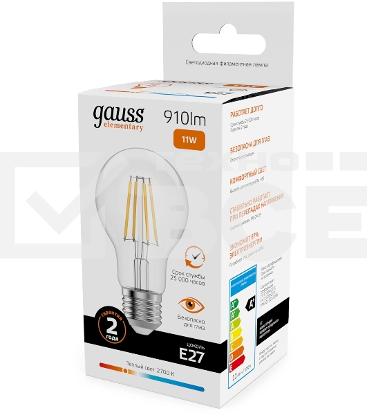 Лампа филам. Gauss Filament 11Вт цок.:E27 груша св.свеч.бел.теп. (упак.:10шт) (22211)