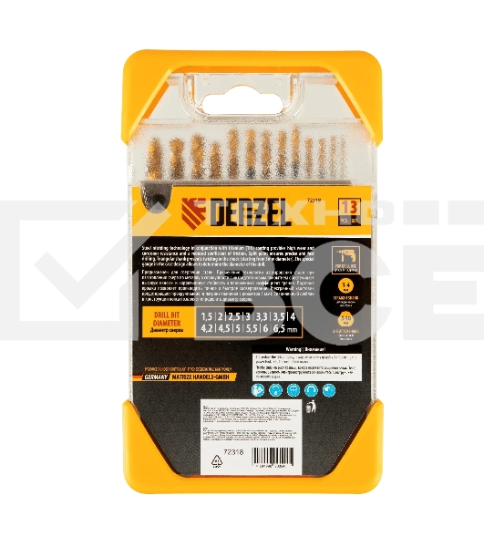 Набор сверл по металлу Denzel 1,5-6,5 мм, HSS-Tin, Golden Tip, 13 шт