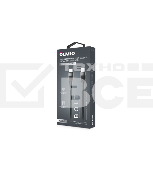 Кабель OLMIO BOLT, Type-C - Type-C, 60W, 1.2м, тканевая оплетка, черный