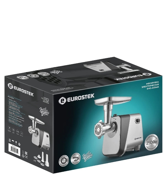 Мясорубка электрическая Eurostek EMG-AS04M серебристый, 2500 Вт, 2.5 кг/мин, реверс, защита от перегрузки, насадки - 5