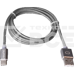 Кабель Qumo Type-С кабель, 1м, USB 2.0, 5В, 2А, 10Вт, тканевая оплетка, стальной коннектор, серый космос