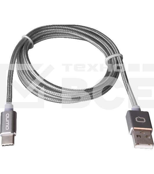 Кабель Qumo Type-С кабель, 1м, USB 2.0, 5В, 2А, 10Вт, тканевая оплетка, стальной коннектор, серый космос