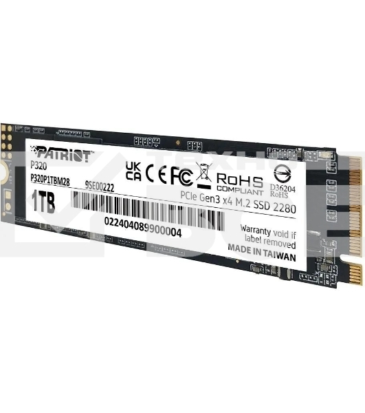 Накопитель SSD Patriot P320, 1Tb, PCIe 3.0 x4, M.2 2280, NVMe, R/W 3000/2200