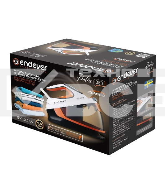 Парогенератор электрический Endever Delta-350, белый/черный/оранжевый, мощность 2400 Вт, макс. паровой удар до 140 г/мин, давление до 3,5 бар, 4шт/уп