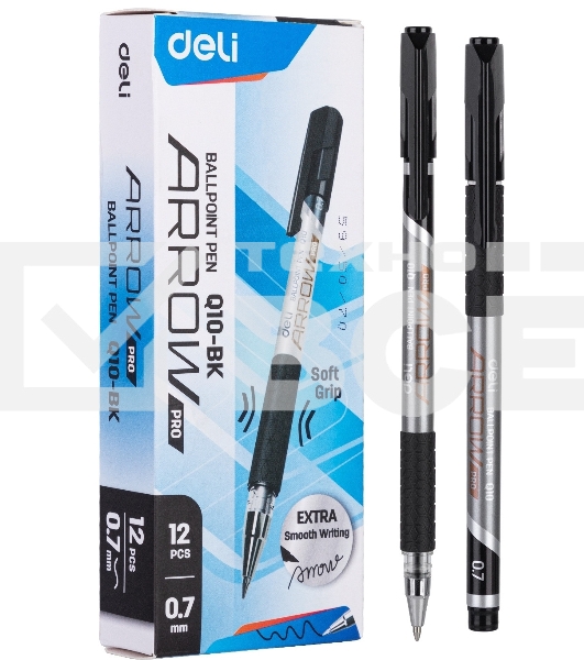 Набор ручек шариковых Deli Arrow EQ10-BK-P синий металлик/черный, черные чернила, коробка картонная (12шт) сменный стержень, линия 0.7мм, резиновая манжета